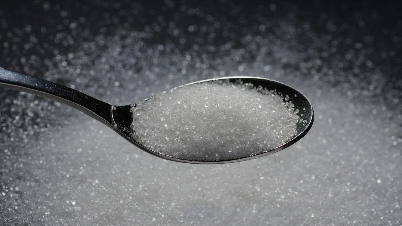 A spoon filled with sugar on top of a table